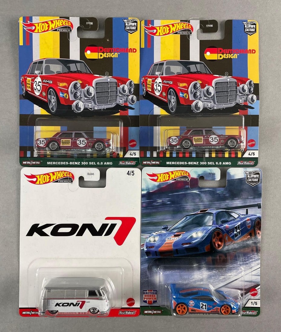 Group of 4 Mattel Hot Wheels Premium Die-Cast Vehicles: Includes Mercedes Benz, McLaren, VW bus