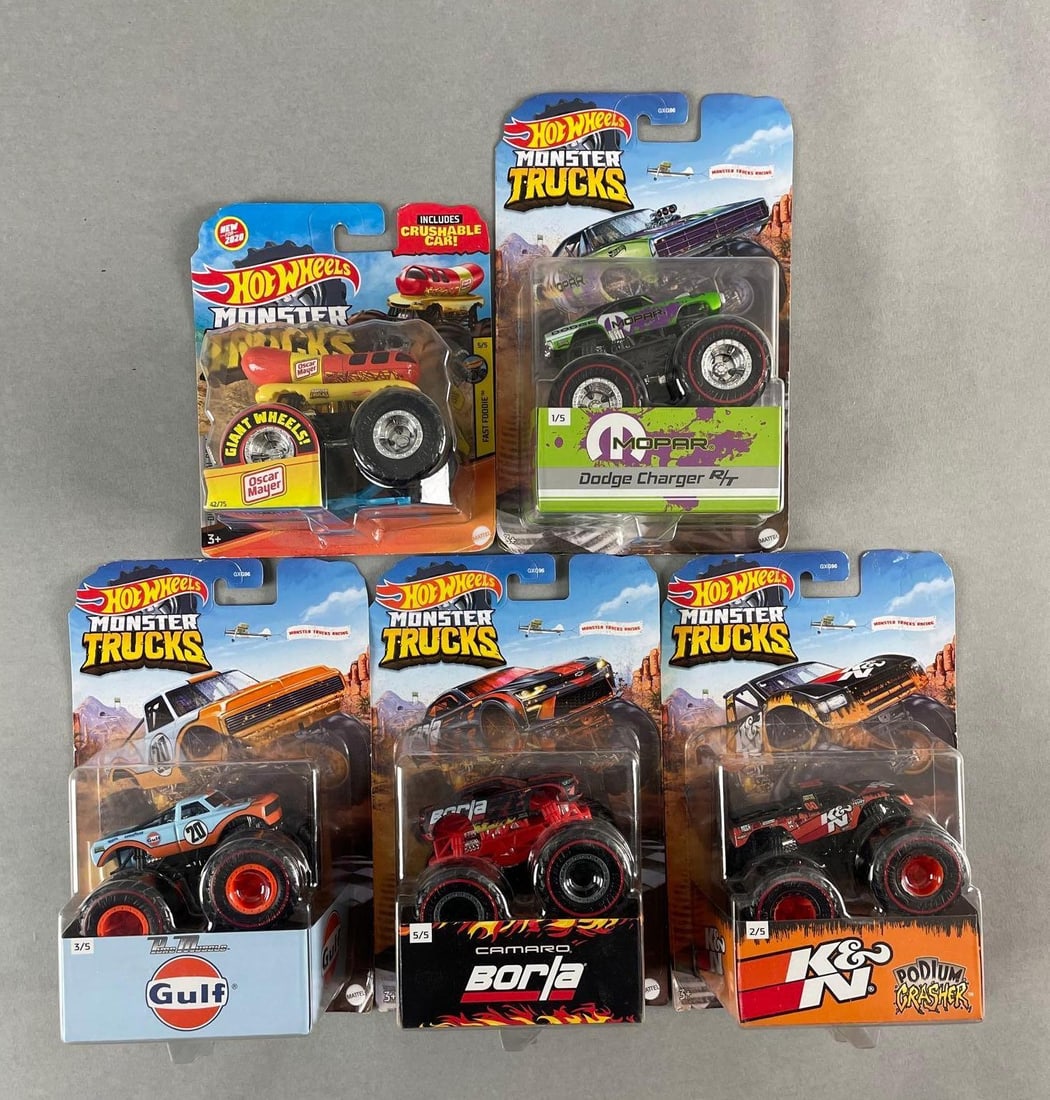 Group of 5 Mattel Hot Wheels Monster Trucks Die-Cast Vehicles: Includes charger, Camaro, fast foodie