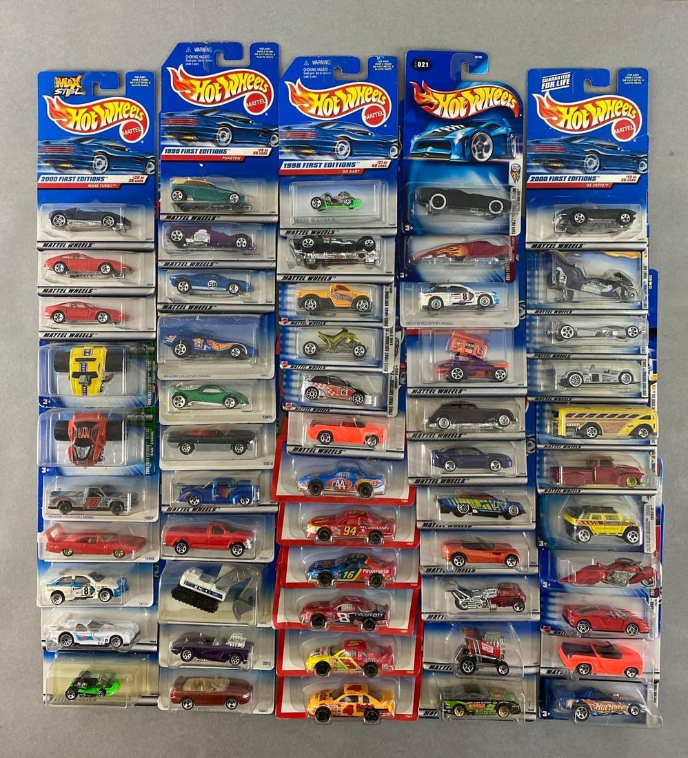 Group of 50+ Mattel Hot Wheels Die-Cast Vehicles: Includes NASCAR, mx48 turbo, phaeton and more, new in original packaging