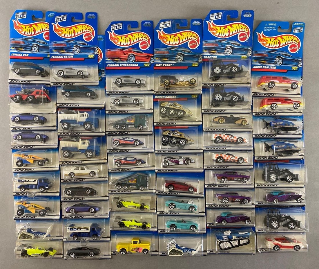Group of 50+ Mattel Hot Wheels Die-Cast Vehicles: Includes way 2 fast, dodge Ram 1500, tractor and more, new in original packaging