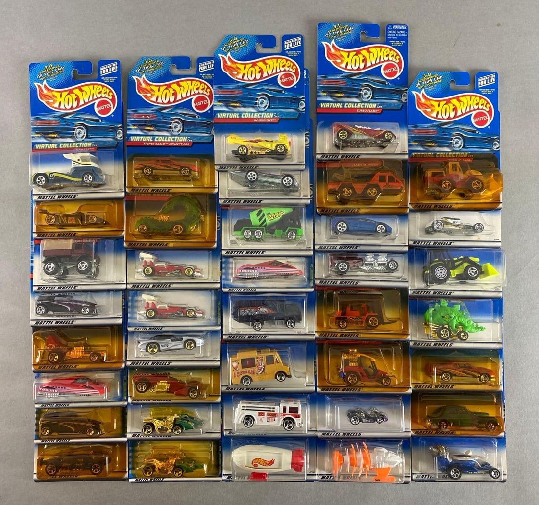 Group of 30+ Mattel Hot Wheels Die-Cast Vehicles: Includes Wheel loader, turbo flame, dog fighter and more, new in original packaging