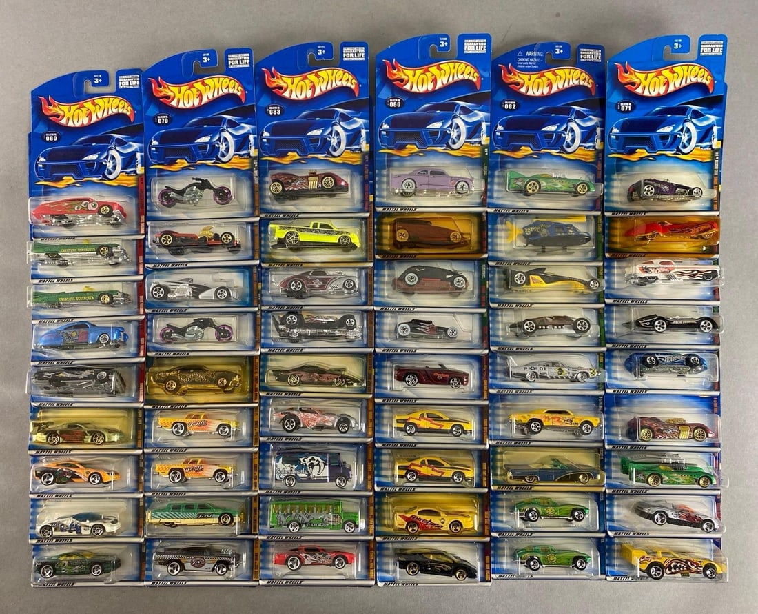 Group of 50+ Mattel Hot Wheels Die-Cast Vehicles: Includes Purple passion, shoe box, twin mill and more, new in original packaging