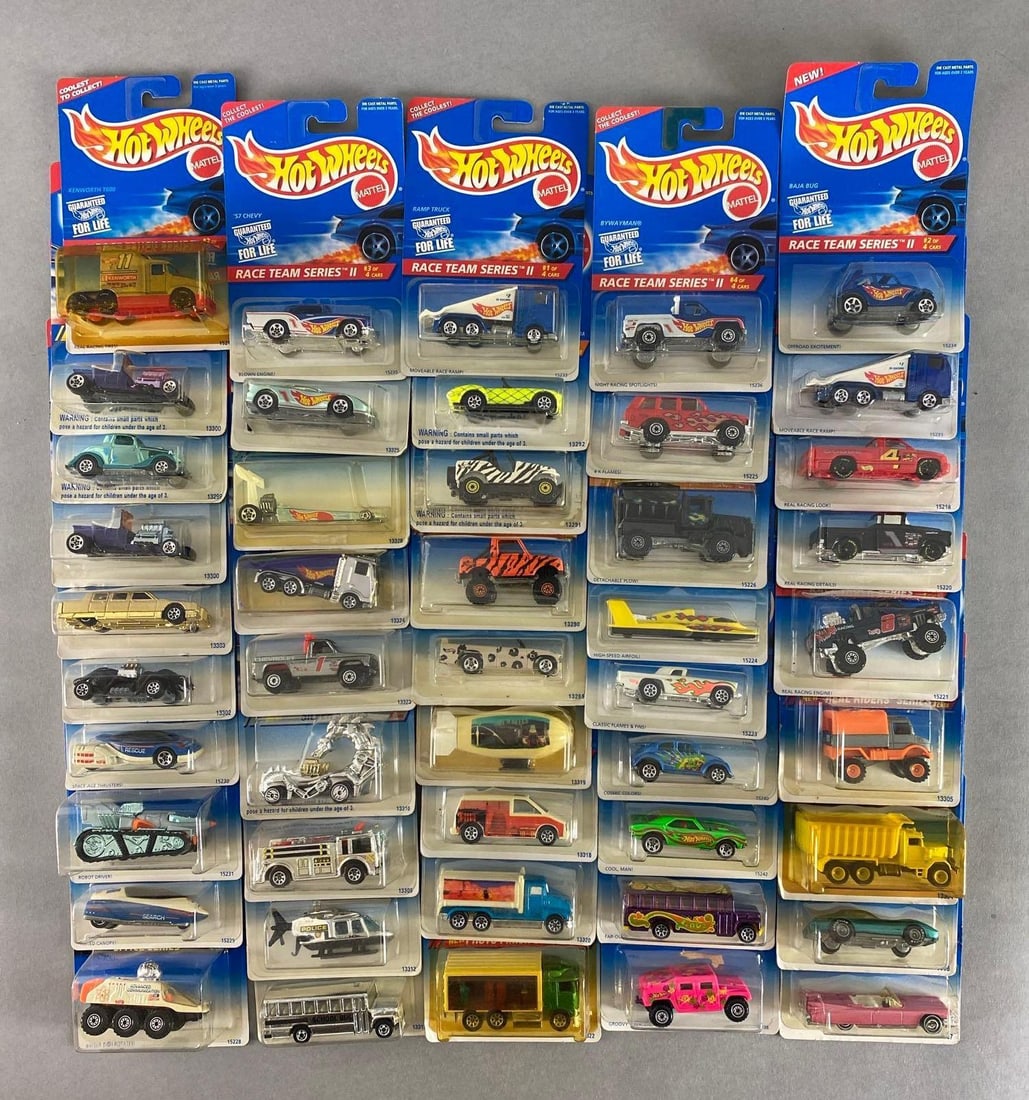 Group of 40+ Mattel Hot Wheels Die-Cast Vehicles: Includes Race team series, real riders series, mod bod series and more, new in original packaging
