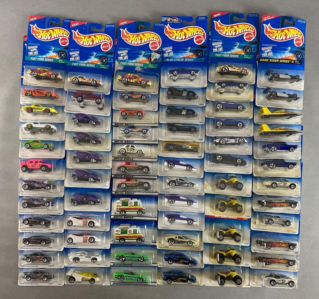 Group of 50+ Mattel Hot Wheels Die-Cast Vehicles: Includes hot hubs, fast food series, blue streak and more, like new in original boxes