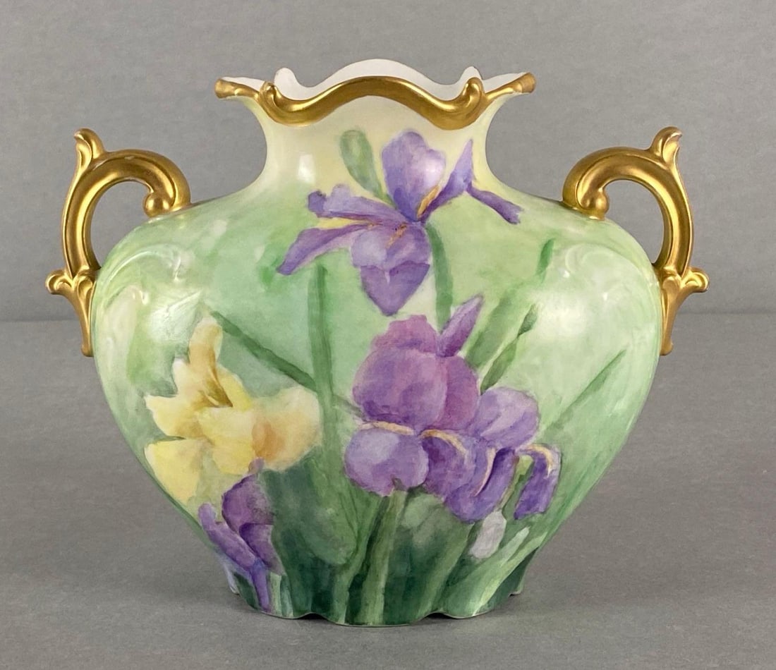 Limoges Jean Pouyat Hand-Painted Floral Porcelain Amphora Vase: Early 20th century, Makers mark on base, Measures 7 x 8 1/4 x 4 inches.