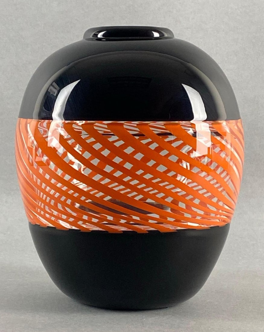 Effetre Murano Experimental Black and Orange Swirl Art Glass Vase (1 of 5)