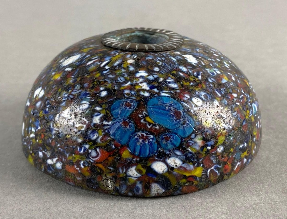 Murano Style Millefiori Paperweight/Candleholder: With cast metal insert, Some fleabites around edges, Measures 1 1/2 x 3 x 3 inches.
