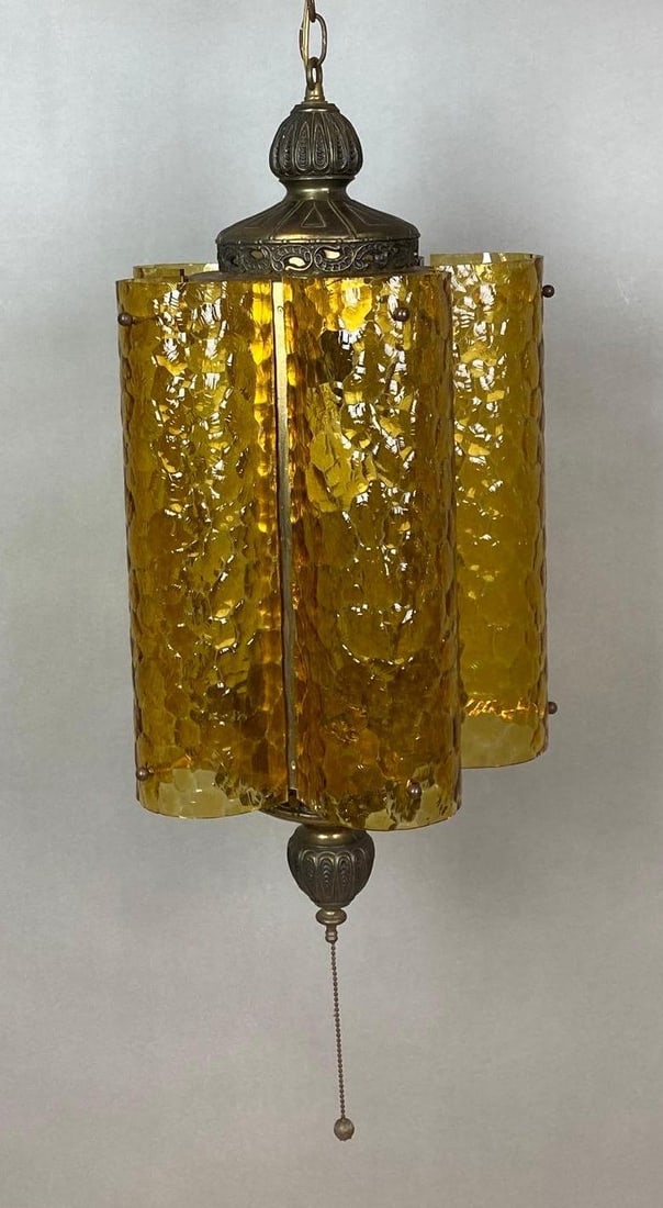 Vintage Amber Ceded Columnar Glass Mold Blown Hanging Brass Chandelier: Untested, measures 27 x 13 x 13 inches.