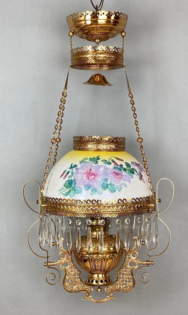 Victorian Electrified Brass Hanging Oil Lamp with Milk Glass Pansy Shade (1 of 5)