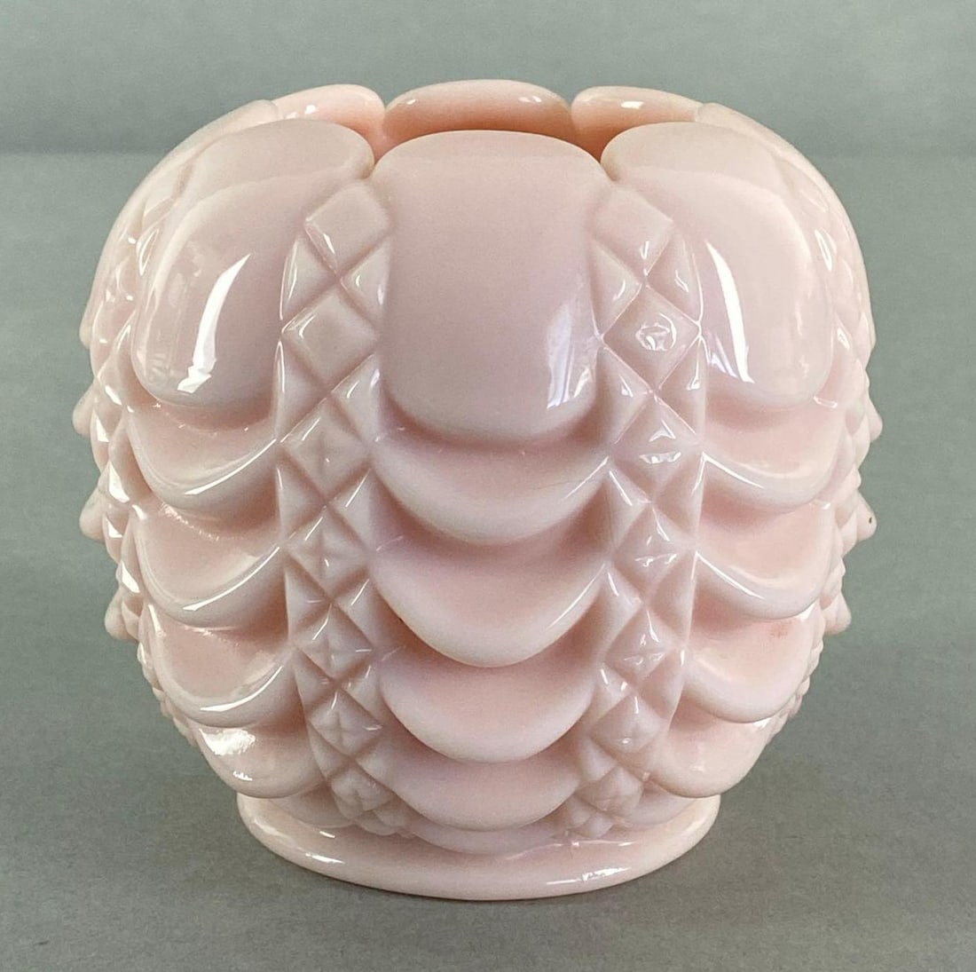 Fostoria Drape and Diamond Pattern Pink Milk Glass Rose Bowl: Fenton style, Measures 4 x 4 1/4 x 4 1/4 inches.