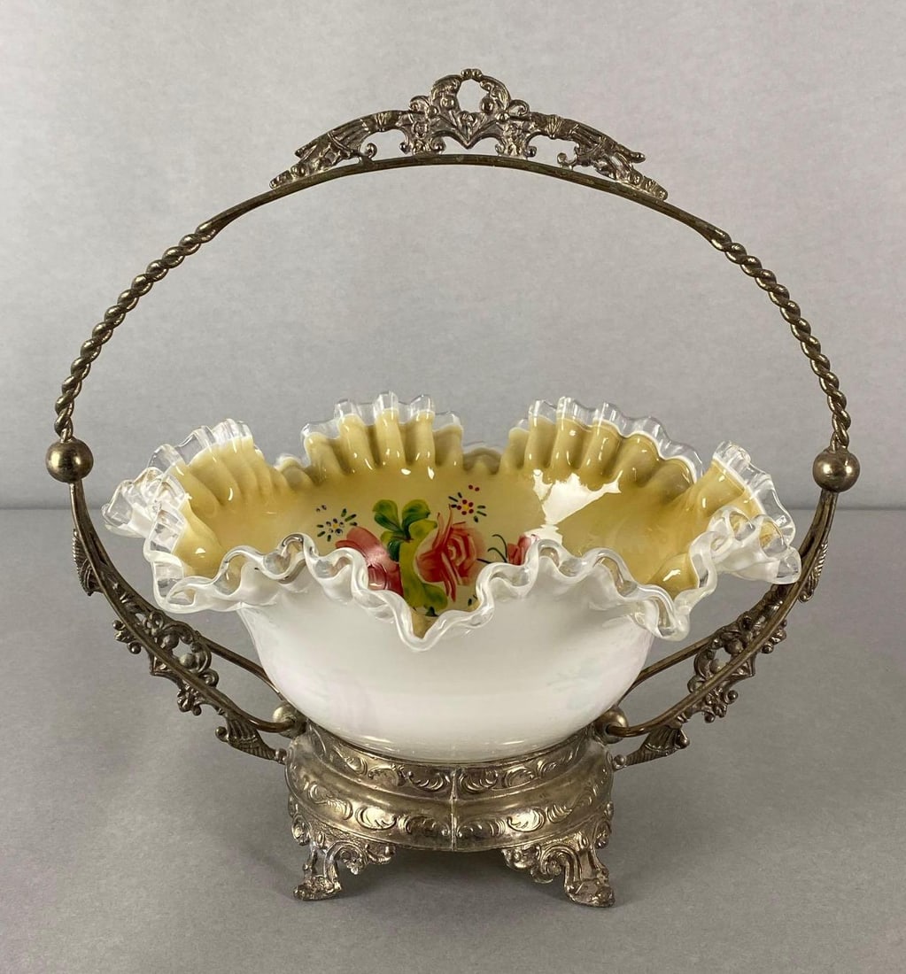 Victorian Brides Basket with Hand-Painted Floral Painted Glass Insert (1 of 8)