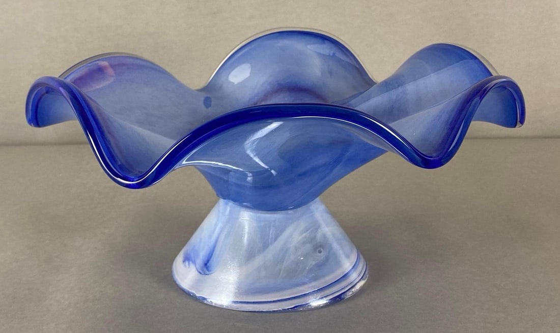 Murano Style Iridescent Blue Glass Compote Fruit Bowl (1 of 6)