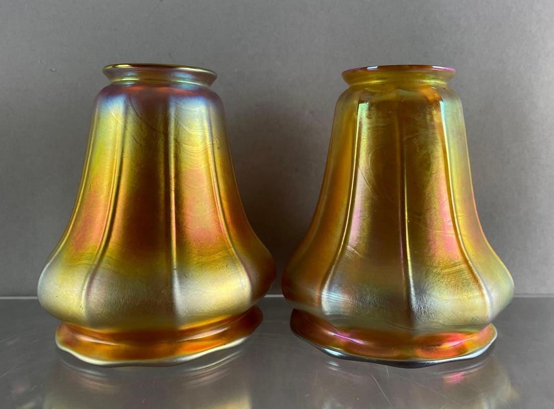 Group of 2 Steuben Aurene Bell Shades: Marked At top, each measure 5 1/4 x 4 3/4 inches, fitter measures 2 1/8 inches
