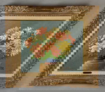 1956 Andre Bauchant French Expressionist Fleurs Oil Painting on Canvas: Artists signature on bottom right corner, Ex-Findlay Gallery, Frame measures 22 1/4 x 25 1/4 inches, Canvas measures 15 x 18 inches.
