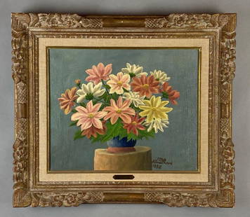 1956 Andre Bauchant French Expressionist Fleurs Oil Painting on Canvas: Artists signature on bottom right corner, Ex-Findlay Gallery, Frame measures 22 1/4 x 25 1/4 inches, Canvas measures 15 x 18 inches.