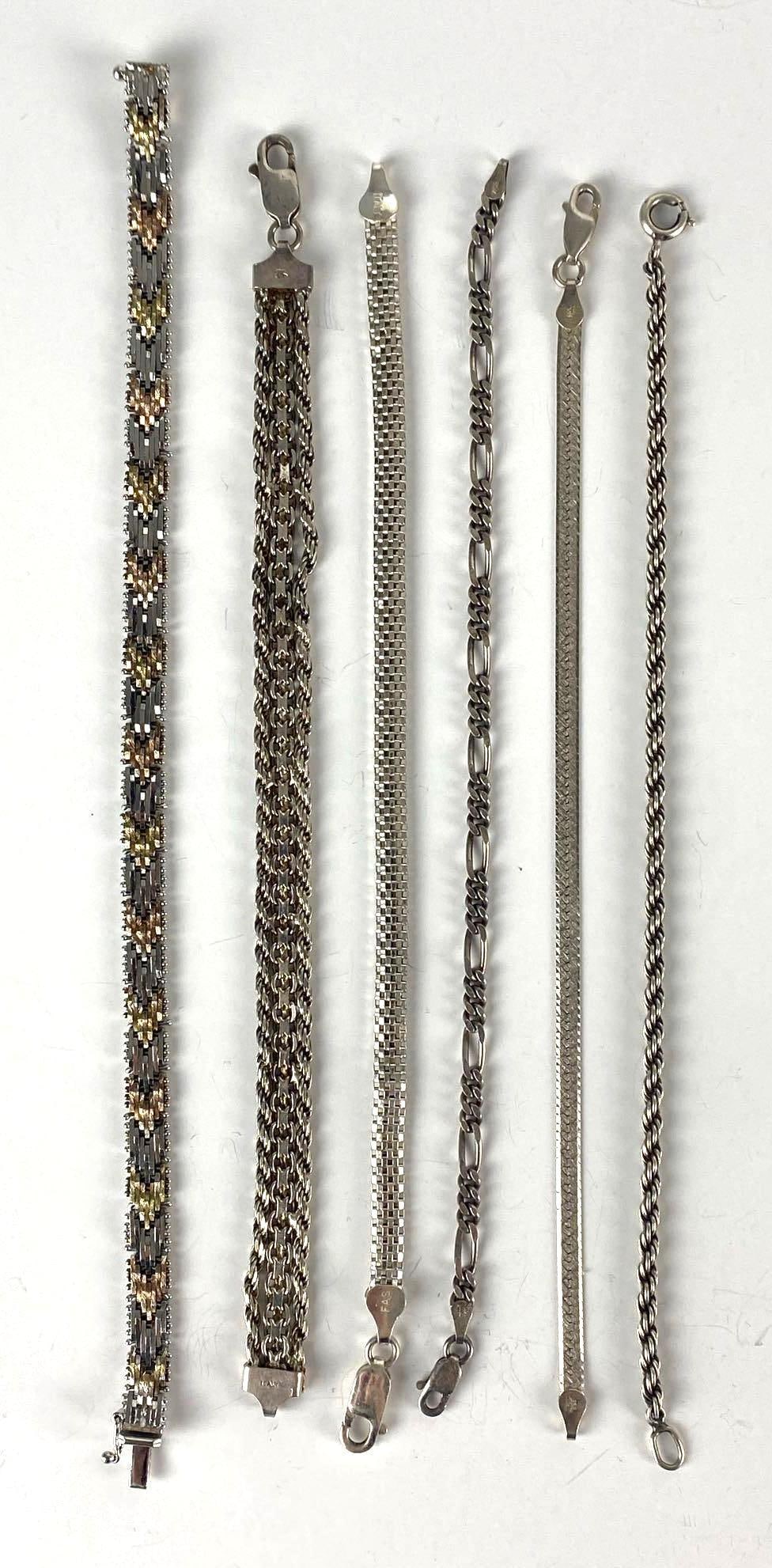 Group of 6 Sterling Silver Chain Bracelets: Total weight 44.8g, Longest measures 7 1/2 inches long.