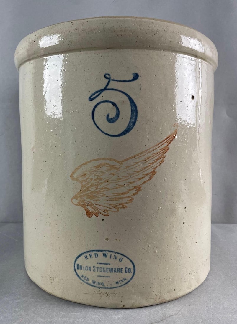 Red Wing Stoneware 5 Gallon Crock: Cobalt 5, red wing. Measures 13 1/4 x 12 1/4 inches