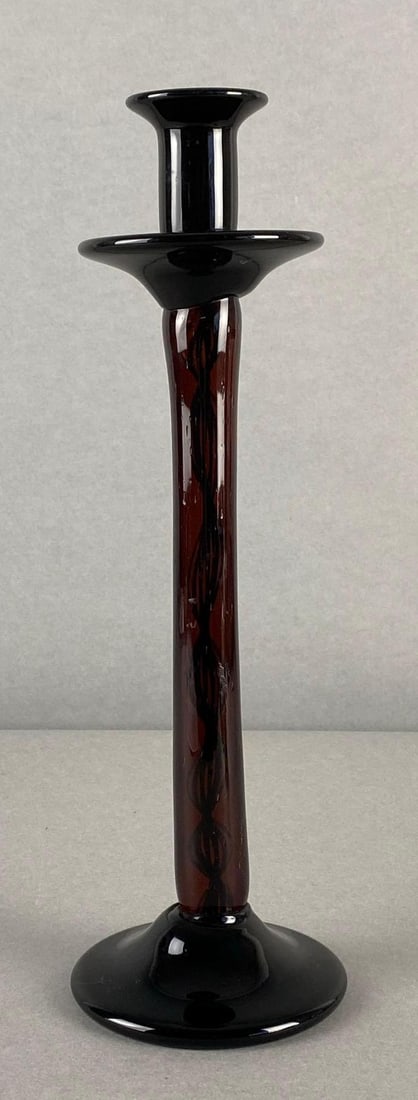 Art Deco Dark Amber Swirl Glass Candlestick: Swirl embedded in stem, Measures 13 1/2 x 4 1/4 x 4 1/4 inches.