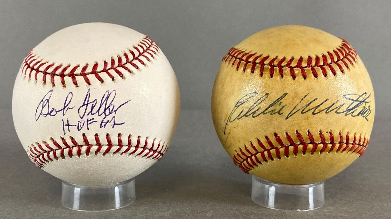 Eddie Mathews and Bob Feller Signed Official MLB and N.L Rawlings Baseballs: Autographed Bob Feller HOF 62, MLB Selig Baseball Tri-Star COA, Eddie Mathews, N.L. Giamatti Baseball PSA COA, Includes cases
