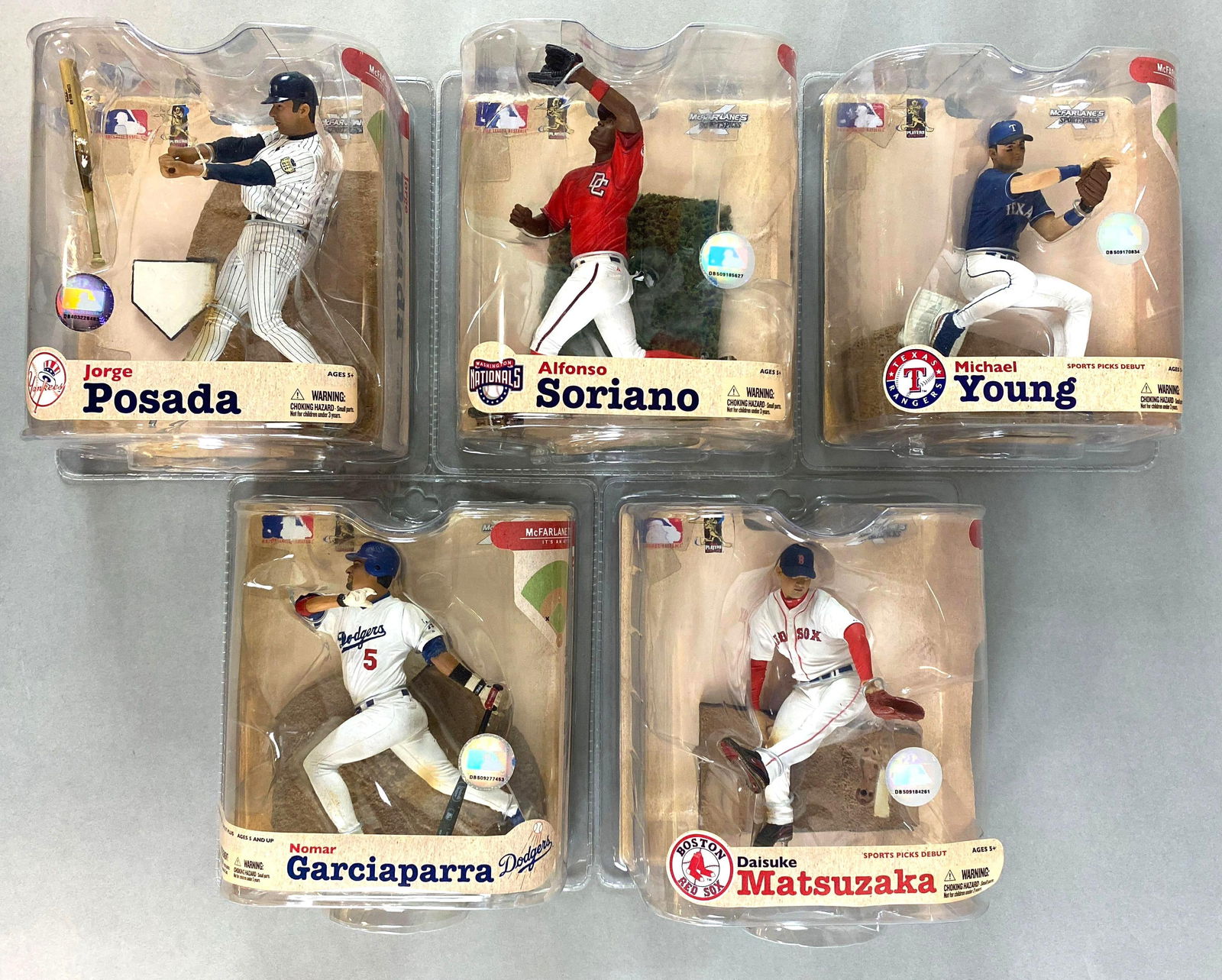 5 - 2008 McFarlane Series 21 Baseball Figures: 5 - 2008 McFarlane Series 21 Baseball Figures, Jorge Posada, Alfonso Soriano, Michael Young, Nomar Garciaparra, Daisuka Matsuzaka