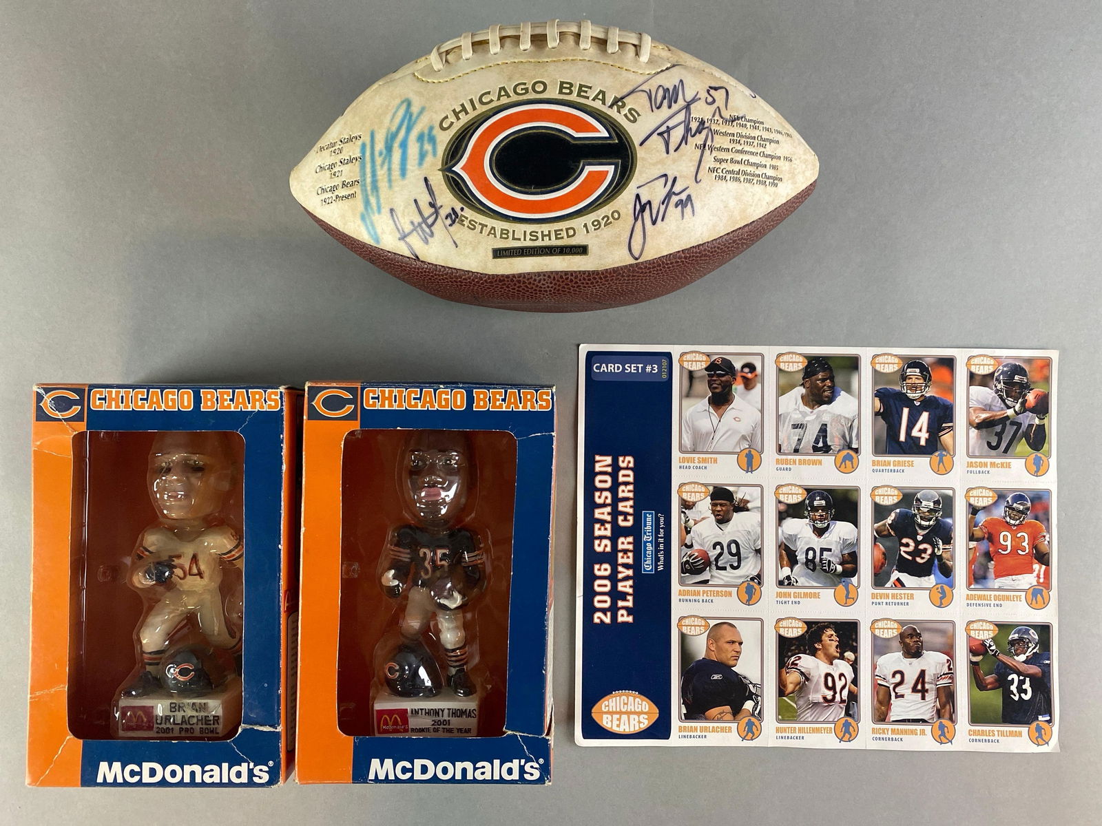 Multi - Signed Limited Edition Chicago Bears Football + 2 - Bobbleheads and Uncut Card Sheet (1 of 8)