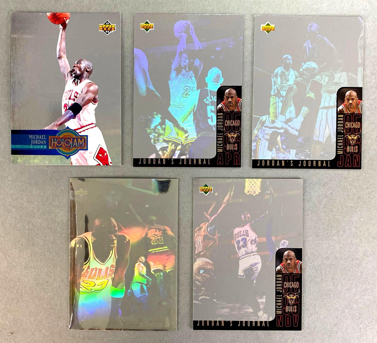 1993 Upper Deck Michael Jordan HoloJam #H4 + 4 Other Jordan Holograms: 3 - 1996 Upper Deck Jordan Journal Hologram #J1, J3, J6, + 1992 Upper Deck