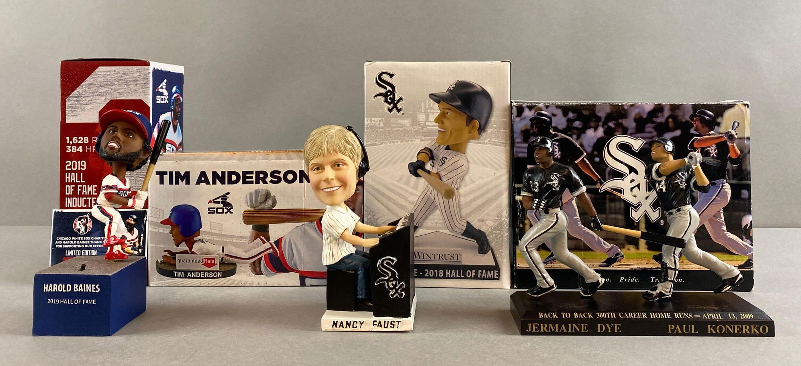 5 - Chicago White Sox Bobbleheads with Harold Baines HOF and Nancy Faust: Guaranteed Rate Tim Anderson unopened, Nancy Faust with organ, 2009 Back to back 300th career Home Runs Jermaine Dye and Paul Konerko Figurines, 2018 HOF Jim Thome unopened, 2019 HOF Limited Edition 6