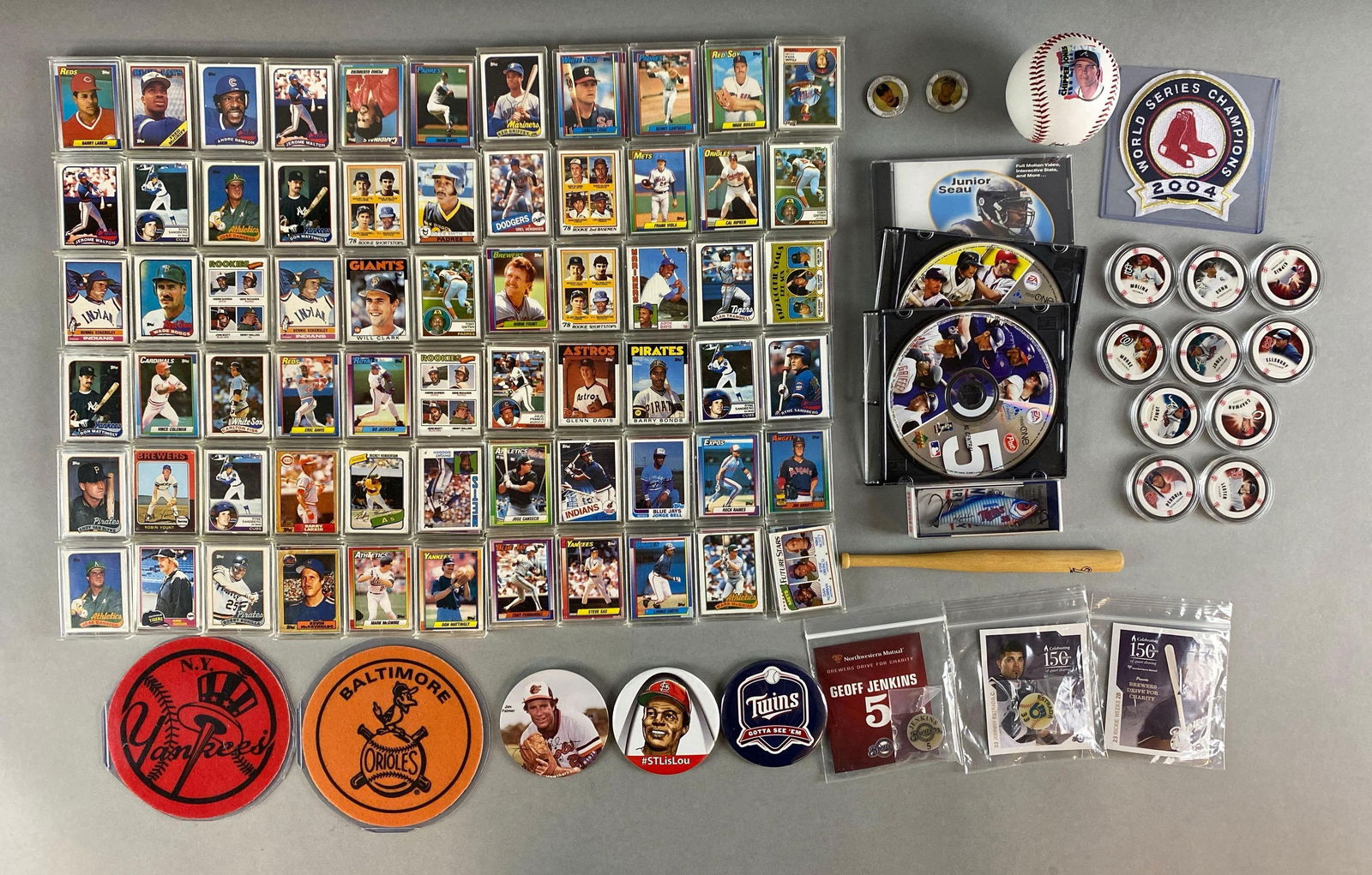 1989 and 90 Topps Doubleheaders + Baseball Memorabilia: 2 - 2005 Minnesota Twins Super Star Coins, 10 - MLB Topps poker chips, 6. - Pinnacle, 2004 World Series Champions Patch, 2 - 2007 Topps Heritage Yankees and Orioles Patch, 70+ - Doubleheaders and More