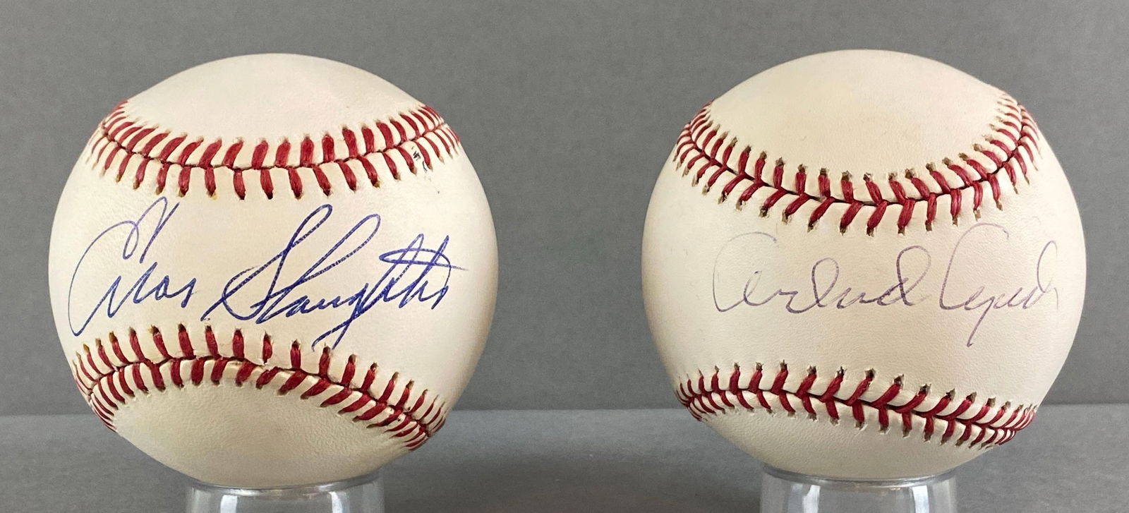 Enos Slaughter and Orlando Cepeda Signed Official MLB Rawlings Selig and NL White Baseballs with: Enos slaughter and Orlando Cepeda Autographed Baseballs with 2 - JSA COAs, Cepeda Baseball has Reggie Jackson Sticker, Includes Cases