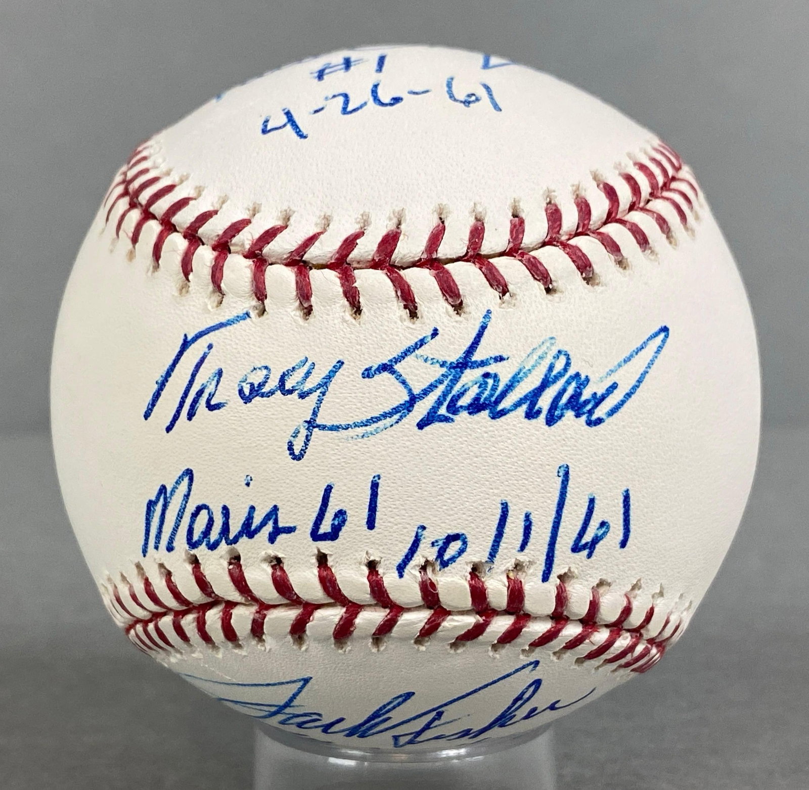 Paul Foytack, Jack Fisher, and Tracy Stallard Signed Offical MLB Rawlings Selig Baseball with: Roger Maris 1961 Journey to 61, Autographed Tracey Stallard Maris 61 10/1/61 Paul Foytack #1 4-26-61, Jack Fisher Maris #60 9-26-61, We Guarantee This to Pass 3rd Party Authentication, Case included