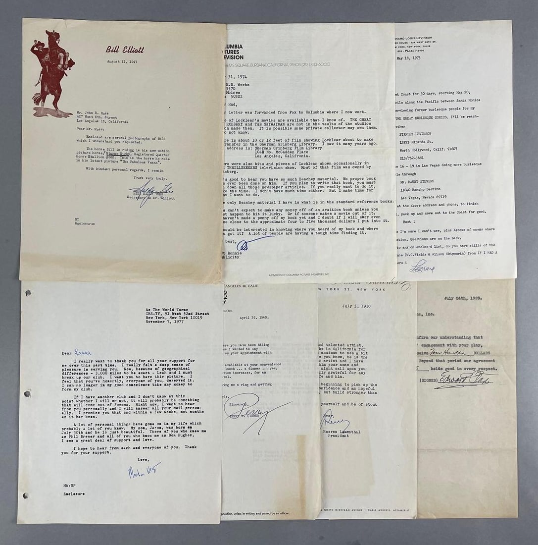 Group of 7 Signed Vintage Hollywood Letters: Inclues Bill Elliott secretary, Art Ronnie, Leonard levinson, Martin west, Perry lieber, reeves lewenthal, Edward Clark. Measures 11 x 8 1/2 inches