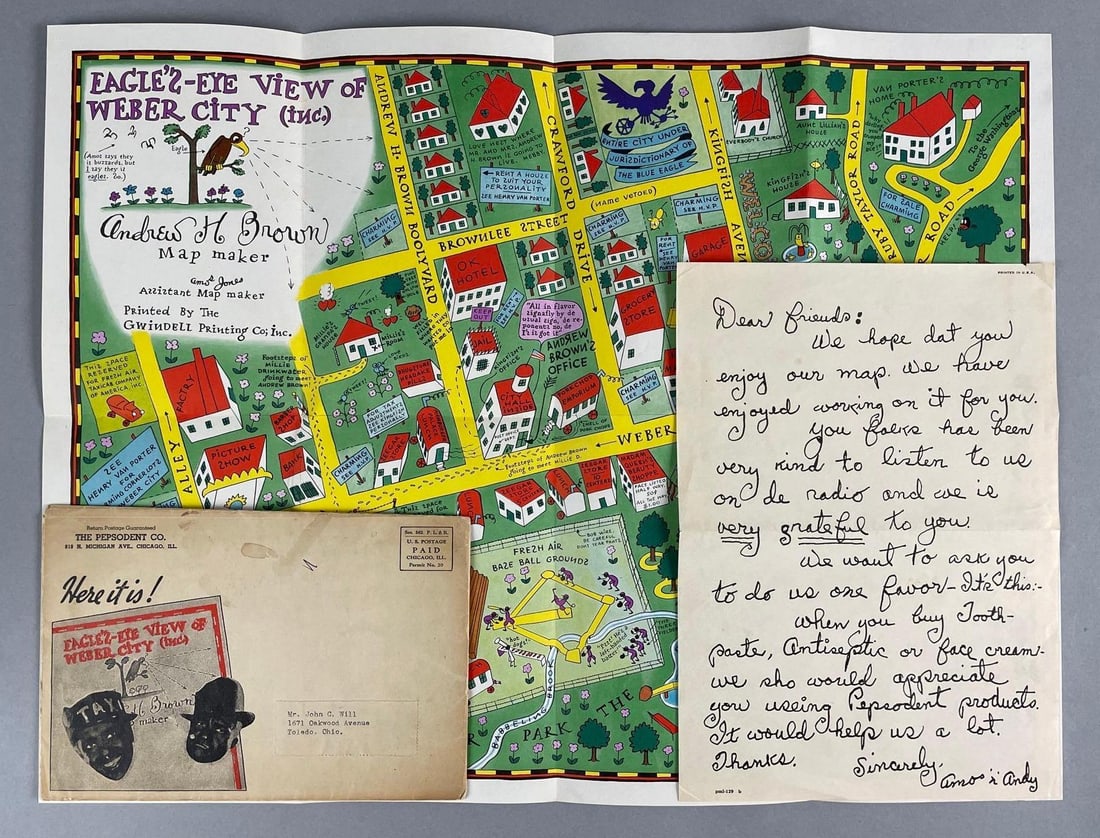 Group of 3 Amos and Andy Themed Ephemera: Includes Weber city map, Pepsodent co envelope for map, and printed letter. Map measures 15 x 20 inches