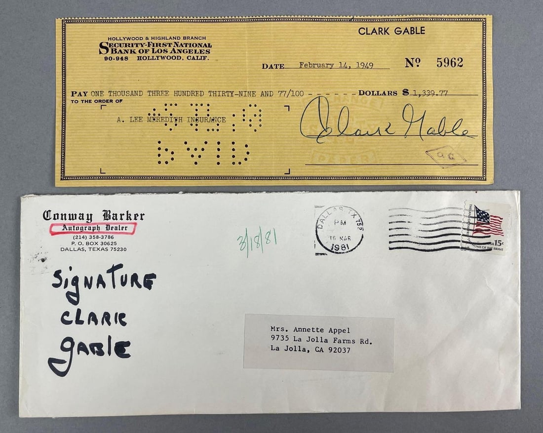 Signed 1949 Clark Gable Check (1 of 3)