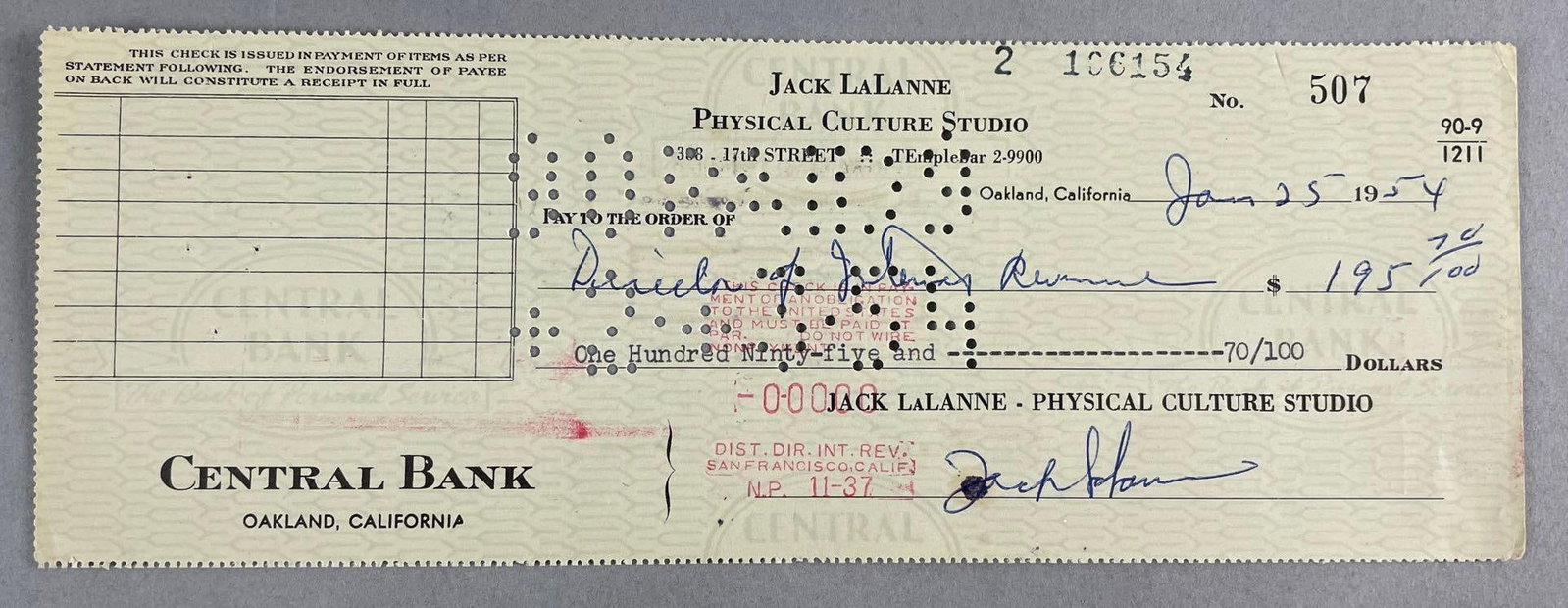 1954 Signed Jack LaLanne Physical Culture Studio Check: Measures 3 x 9 inches Francois Henri LaLanne (/l??le?n/;[1] September 26, 1914 – January 23, 2011), the "Godfather of Fitness",[2][3][4] was an American fitness and nutrition guru and motivational s