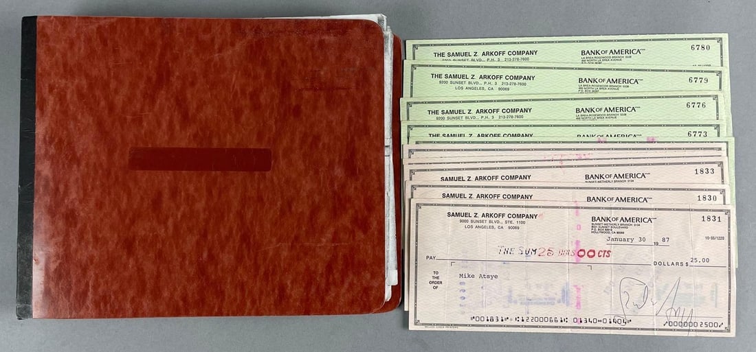Samuel Z. Arkoff Co. Checks and Register: Includes 10 checks. 1918-2001, film producer, American international pictures. Book measures 7 1/2 x 9 1/4 inches. Arkoff was born in Fort Dodge, Iowa, to Russian Jewish parents. He was the son of Hel