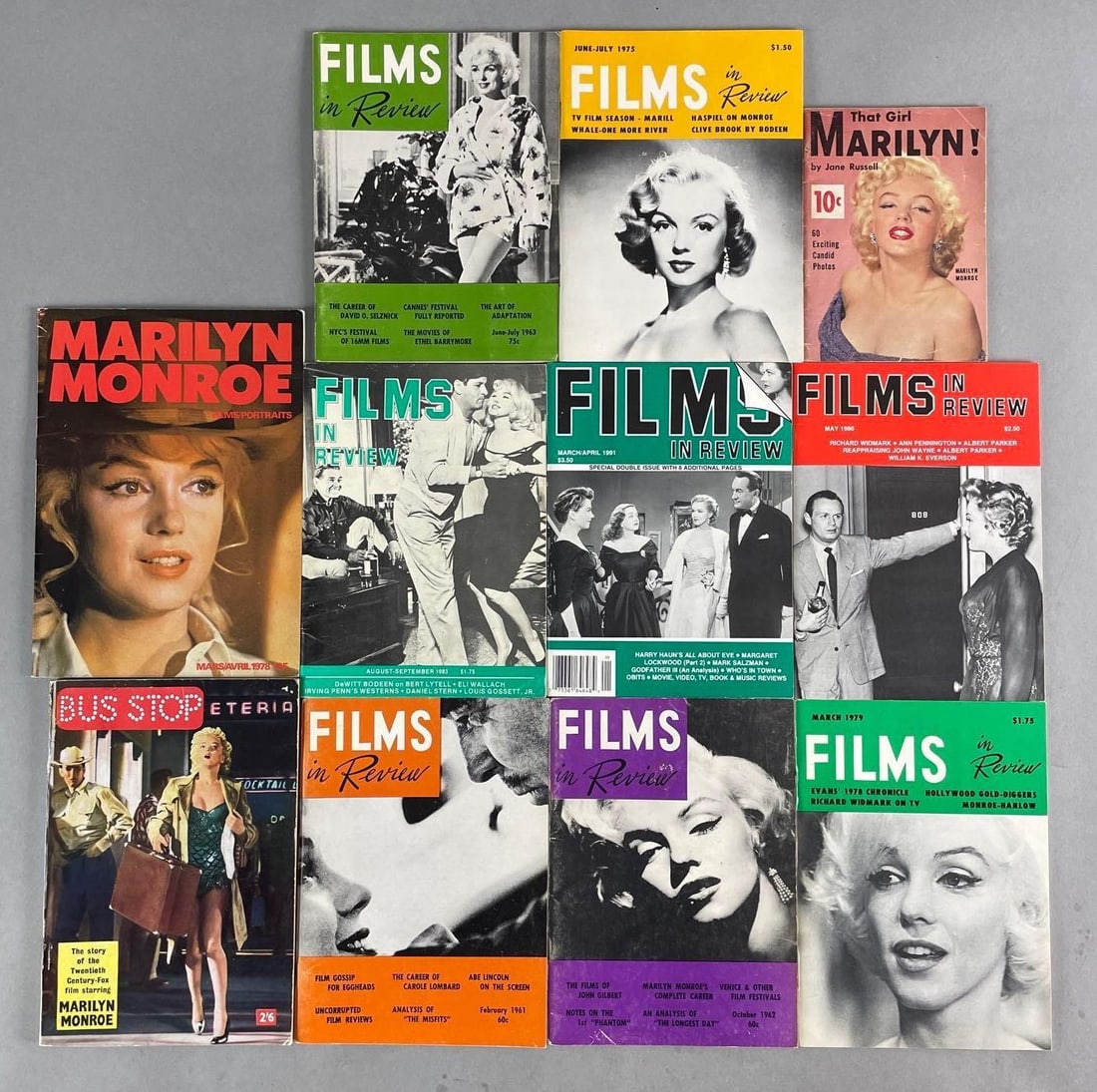 Group of 11 Marilyn Monroe Films in Review Magazines: Also includes films/portraits, bus stop, that girl Marilyn. Largest measures 8 1/4 x 6 inches