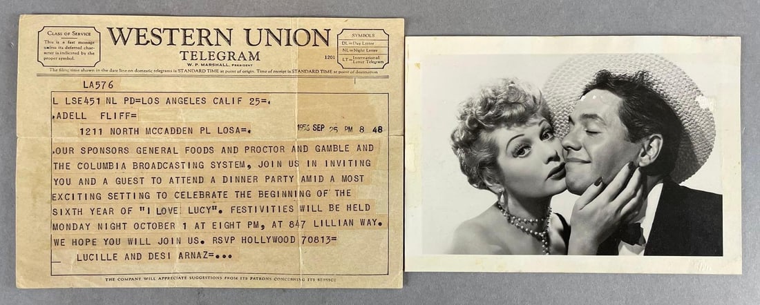 1956 Lucille Ball and Desi Arnaz Western Union Telegram and Vintage Photo (1 of 4)