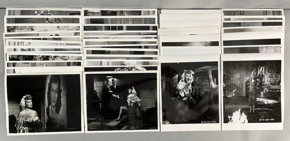 Group of 35+ Lucille Balle Fuller Brush Girl Publicity Stills: Group of 38 vintage movie publicity stills featuring Lucille Ball And Eddie Albert. Many are date stamped 1949 Columbia pictures Corp. Images include posed publicity shots with Lucy and Eddie Albert, 