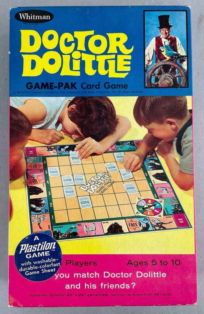 1967 Whitman Doctor Doolittle Card Game: Game – PAK card game from Whitman publishing. Complete and in excellent condition. Boxes intact with no split corners. Measures 9 1/2 x 6 x 2 inches