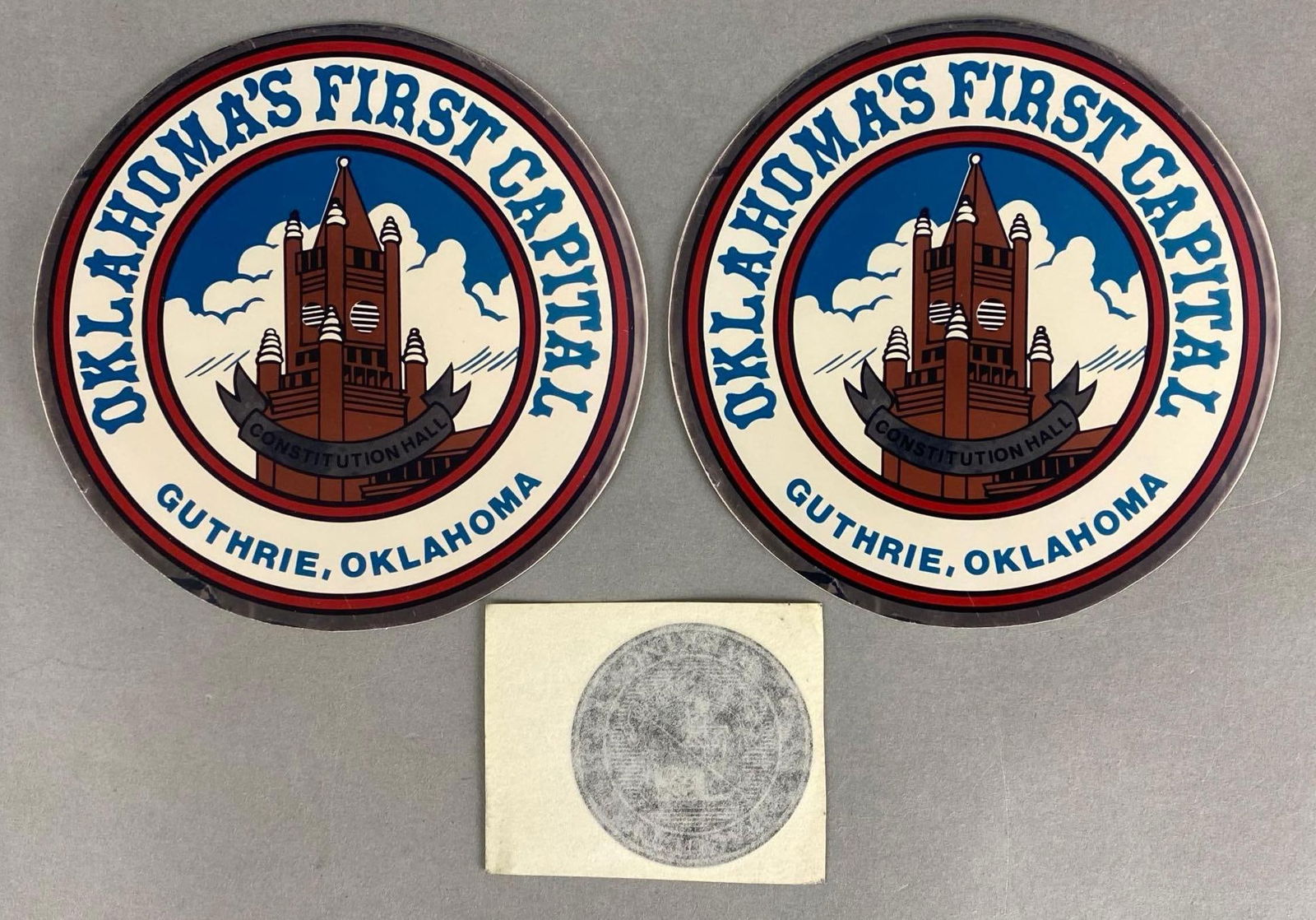1996 Twister Guthrie Oklahoma Decals Movie Props: Starring Helen Hunt, Bill Paxton, and Philip Seymour Hoffman, Oklahomas First Capital, Largest measures 6 1/4 x 6 1/4 inches.