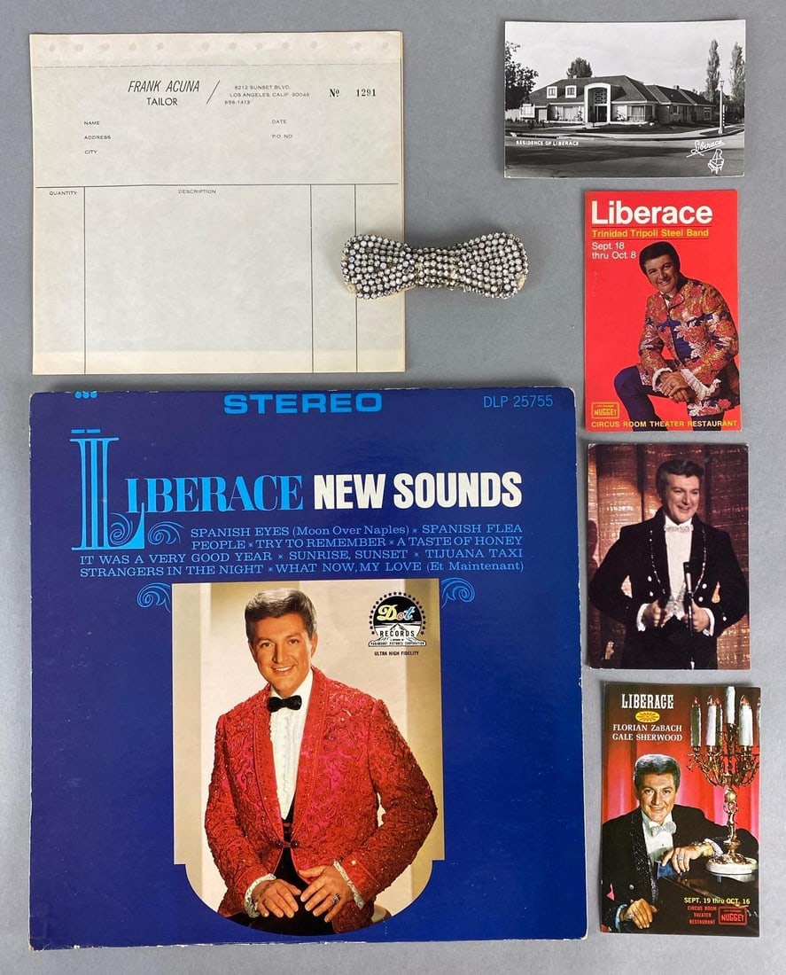 Liberaces Rhinestone Bowtie with Ephemera: Bowtie from Liberaces stylist/dresser Frank Acuna, Ephemera includes postcards and New Sounds Record, Record untested.