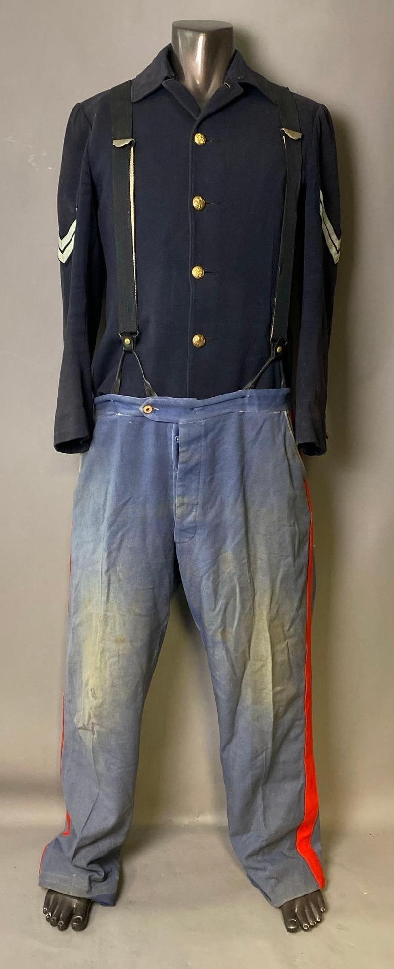 Hollywood Civil War Calvary Military Uniform Costume: Includes pants, and jacket, Jacket shoulder to shoulder 17 inches, Shoulder to cuff 24 1/2 inches, Collar to hem 26 inches, Pants measure 42 inches long, and 44 inches around.