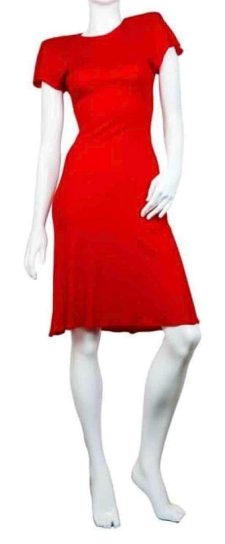 Raquel Welch Red Cotton Jersey Knit Mid-Length Dress: Size Small, Unlabeled, With shoulder pads and open skirt, Juliens Auction Tag not included.