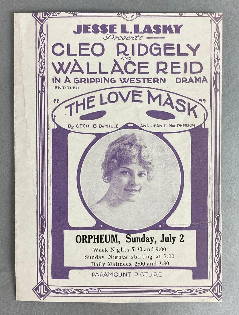 1916 The Love Mask Western Drama Herald Flyer: Presented by Jesse L. lasky, featuring Cleo Ridgely and Wallace Reid,