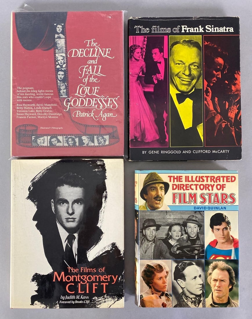Group of 4 Hollywood Film Books: Includes the Decline and Fall of the Love Goddess, The Films of Frank Sinatra, The Films of Montgomery Clift, and The Illustrated Directory of Film Stars, Largest measures 11 1/4 x 9 inches.
