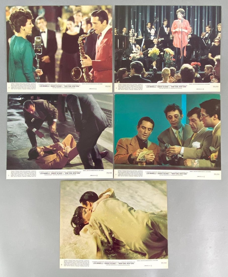 Group of 5 1977 New York, New York Mini Lobby Cards: United Artists Corporation, Starring Liza Minnelli, and Robert De Niro, all measure 8 x 10 inches.