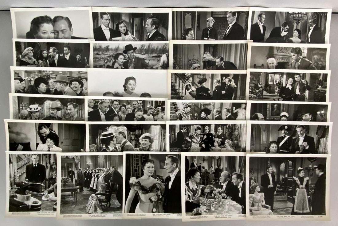 Set of 25 1951 The Law and the Lady Stills: MGM Studio, With original Showmanship Photographic Package envelope, Starring Greer Garson, Michael Wilding, annd Fernando Lamas, Envelope measures 9 1/2 x 13 1/2 inches.
