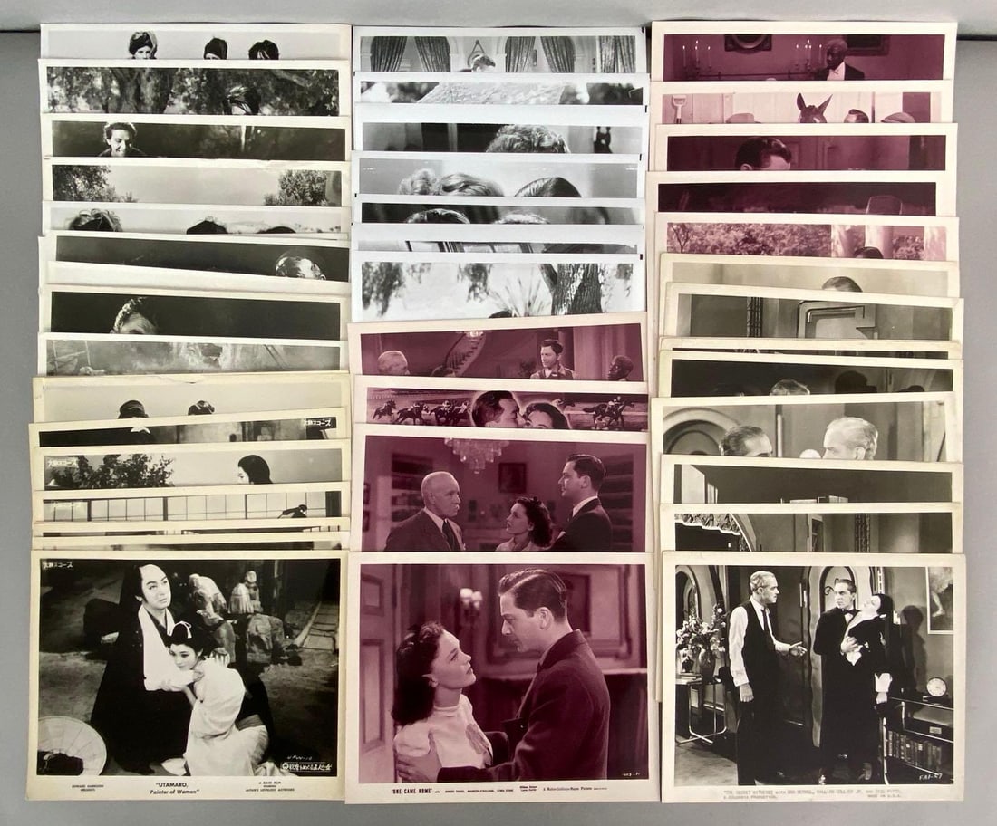 Group of 50 Movie Sills Sets: 50+ Stills in total, Includes stills from The Secret Witness, One Came Home, Woman Rebels, Utamaro, Painter of Women, and The Naked Brigade, All measure 8 x 10 inches.
