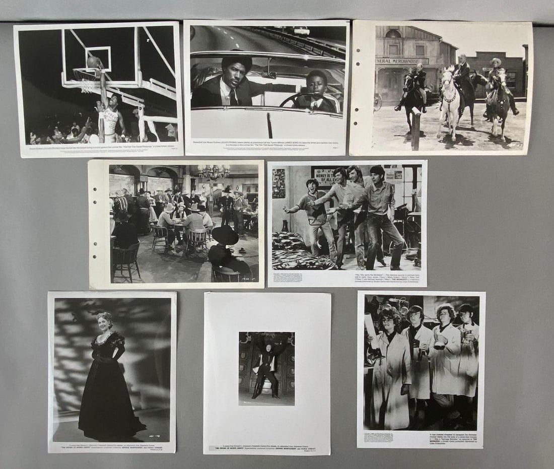 Group of 8 Vintage Movie Stills: Includes stills from The Monkees, The Sword of Monte Cristo, Hopalong Cassidy, and Julius Erving, Largest measures 8 x 11 inches.