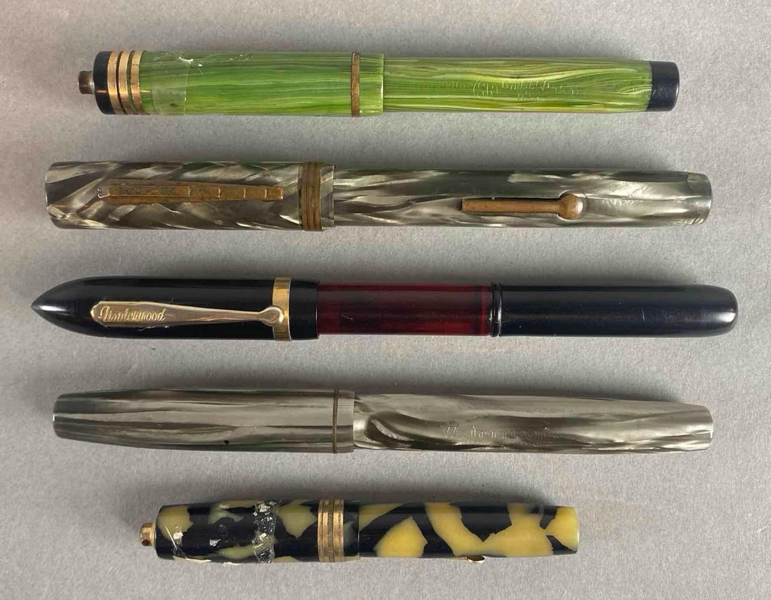 Group of 5 Fountain Pens with 14K Nibs: Includes Good Service Pen Co, Waltham, Underwood, Watermans, and unknown, Longest measures 5 1/2 inches long.